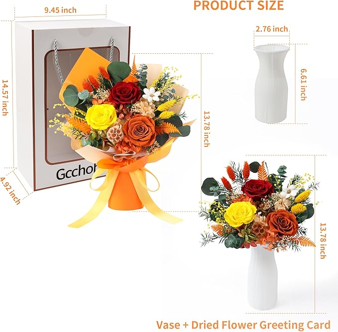 Preserved Flowers Bouquet, Real Eternal Flowers, Gifts For Women, Birthday Gifts For Mom Friends Her Girlfriend Sister, Valentine (orange)