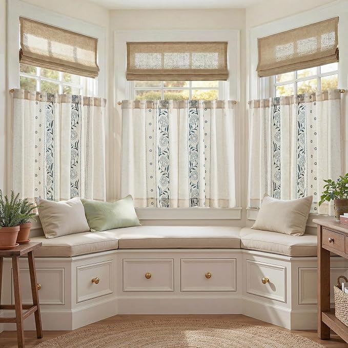 jinchan Winslow Linen Kitchen Curtains 36 Inch Length Small Window Curtains Embroidered Bordered Floral Drapes Light Filtering for Bathroom Laundry Room Farmhouse Decor Blue on Beige 2 Panels