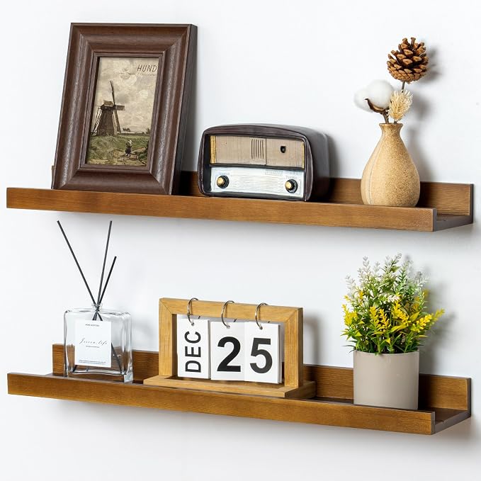 FLYJOE Picture Ledge Wall Shelves 24 inch Width Set of 2, Solid Pine Wood Rustic Floating Ledge Shelves for Wall for Kids' Room Bedroom Kitchen Bathroom Living Room Nursery Display Wall Decor, Walnut