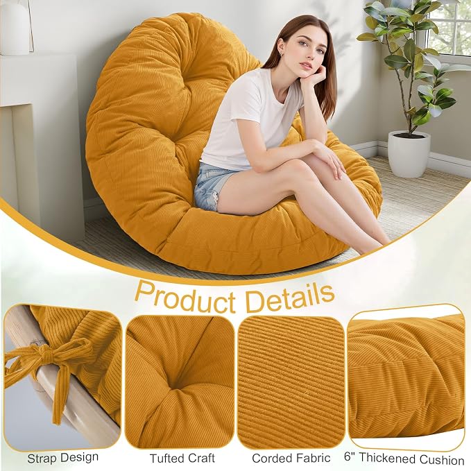 idee-home Papasan Chair Cushion, Circle Papasan Chair Cushion(Cushion Only) | Papasan Cushion with Thick Corduroy Cover, 48 x 48 Inch Cushion for Egg Chair, Yellow