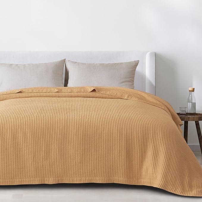 100% Cotton Yellow Blanket Full/Queen Size for Bed - Breathable and Soft, Waffle Weave for Summer Spring, 90x90 Inches (Marigold)