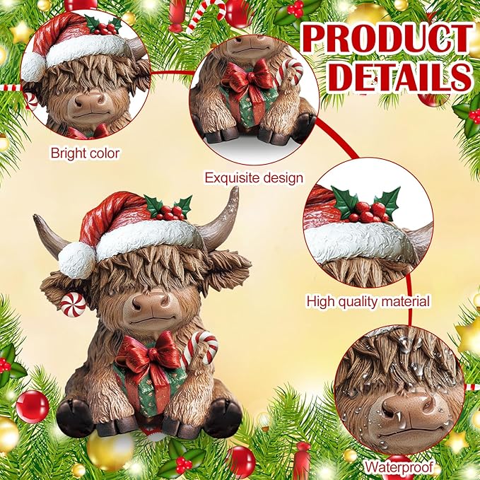 Karenhi 2 Pcs Christmas Highland Cow Decor, 2026 Funny White Elephant Gifts, Resin Highland Cow Figurines Gnomes Scottish Statue Calf with Xmas Tree for Home Garden Kitchen Office Table Decorations