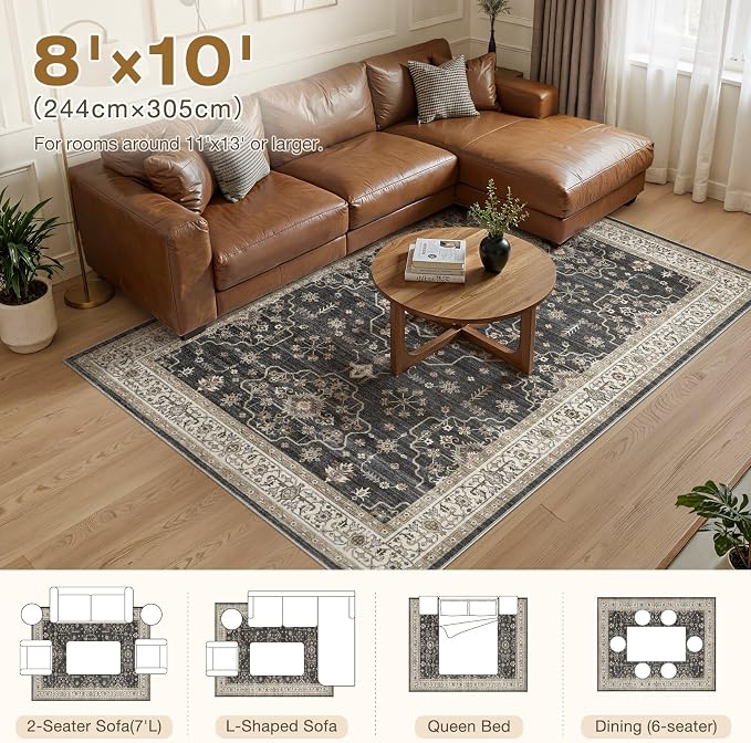 Area Rug for Living Room - 8x10 Soft Washable Oriental Vintage Floral Distressed Large Carpet - Fade Stain Resistant Non Slip Rugs for Bedroom Dining Room Nursery Dorm Office Home Decor - Black