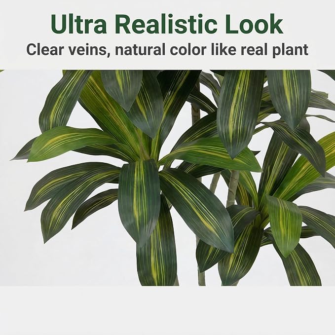 6ft Artificial Dracaena Tree | Realistic Faux Dragon Tree, Silk Tree with Pot, Indoor Home Office Decor For Corner, Modern Floor Plant