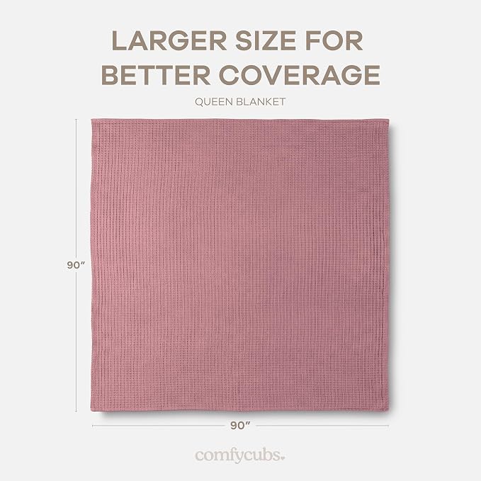 Comfy Cubs Waffle Blanket Queen, 90" x 90" - 100% Cotton Lightweight Breathable Bed Blanket - Soft Textured Thermal Weave for All Seasons – Decorative Cozy Layer for Couch, Sofa, or Bed - Mauve