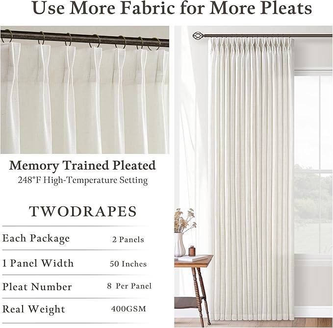 Natural Cream Pinch Pleat Linen Curtains 120 Inches Long for Living Room Pleated Drapes Hooks Rings Back Tab Light Filtering Boho Farmhouse Extra Long Semi Sheer 120 Inch Curtain Dining Room Bedroom