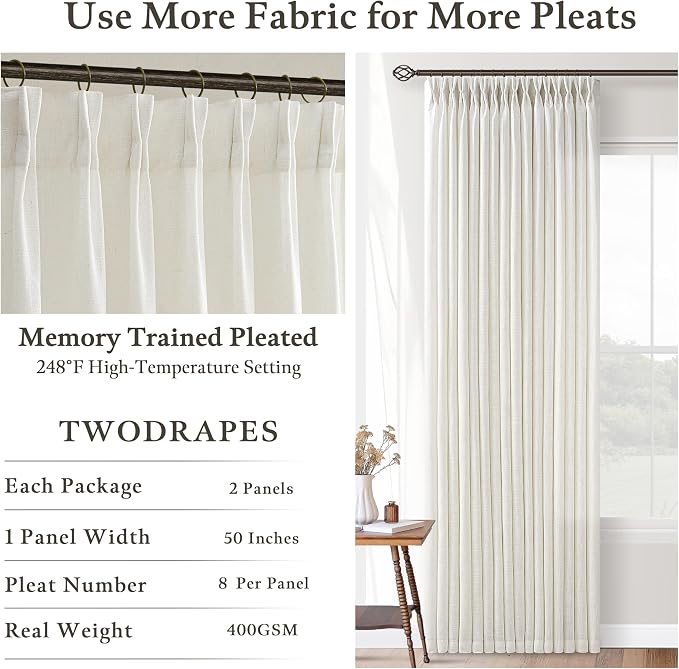 Pinch Pleated 90 Inch Linen Curtains 2 Panels Set for Living Room Pinch Pleat Drapes Track System Memory Trained Light Filtering Semi Sheer Curtain 90 Inches Long for Dining Bedroom Office W50xL90