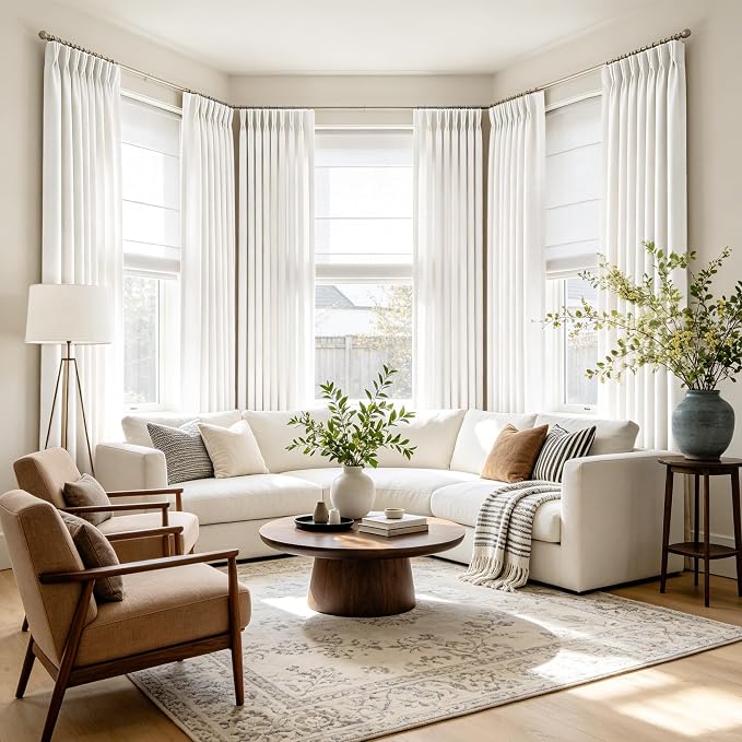 Memory Trained Natural Triple Pinch Pleated Curtains 2 Panels 40x63 Linen Blend Light Filtering Privacy Drapes with Hooks Back Tab for Track System Bedroom Study Minimalism Neutral Decor