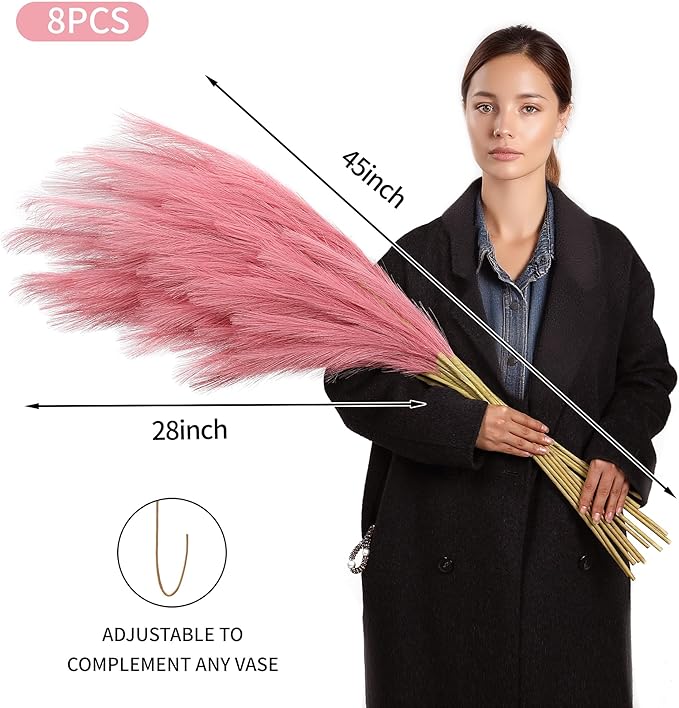 Wertuirk Dark Pink Pampas Grass, 8 Pcs 45 Inch Tall Large Faux Pompous Grass, Long Artificial Flowers for Floor Vases, Wedding Centerpieces, Baby Shower and Home Decoration (Dark Pink)
