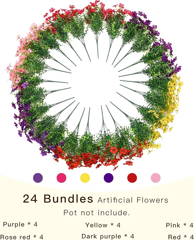 Senjie 24 Bundles Artificial Flowers Bulk for Outdoor Decor, UV Resistant Fake Plastic Flowers, Faux Flowers for Porch Patio Window Boxwood Garden