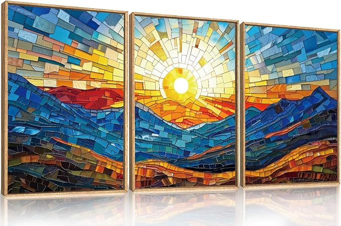 Mountains Framed Canvas Wall Art Set, Modern Abstract Art Painting, Irregular Square Ridge Wall Decor, Sunrise Art Print for Living Room, Bathroom, Bedroom, Office-16 x24 x3