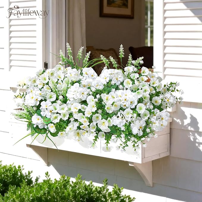 16 Bundles Artificial Flowers for Outdoors, UV Resistant Silk Faux Flowers for Outside Planters,Garden,Porch,Patio,Yard,Home Decor(White)