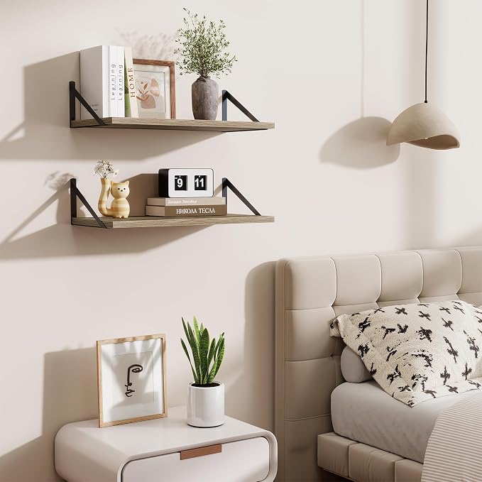 Acovy Deep Floating Shelves,24" Wx10 D Floating Shelf for Wall Set of 2,Hanging Storage Shelf with Metal Brackets,Wide Display Wall Shelves for Living Room,Bedroom,Bathroom,Kitchen,Grey