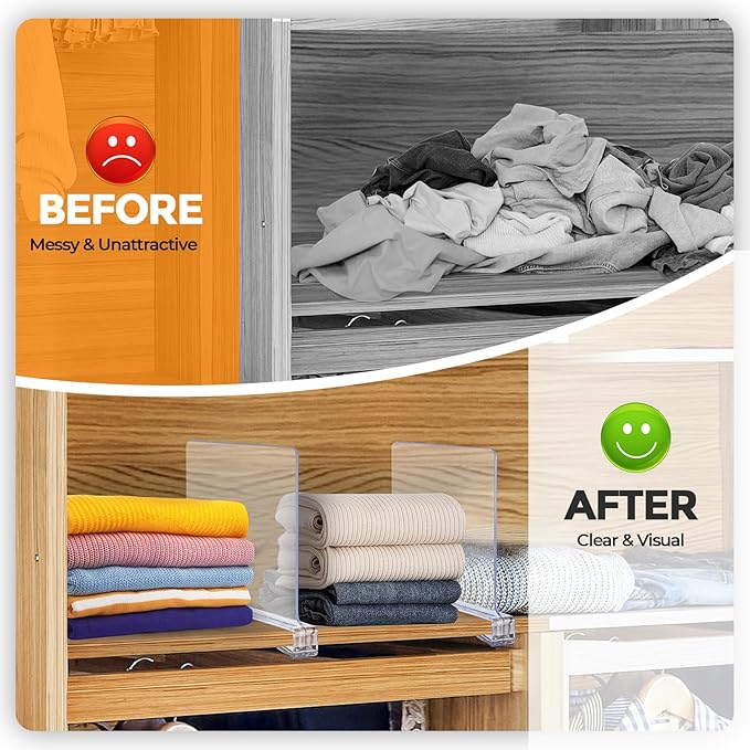 JOY DECOR 2 Pack Acrylic Clear Shelf Dividers for Closets Organizer and Storage Adjustable Vertical Wood Shelf Closet Separators for Clothes,Book,Bags in Bedroom and Kitchen
