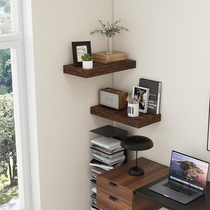 FLYJOE Deep Floating Shelves 24 Inches Long Set of 2 | 12 Inch Deep Shelves for Wall, Rustic Brown Wood Shelves for Bathroom Living Room Laundry Room Kitchen