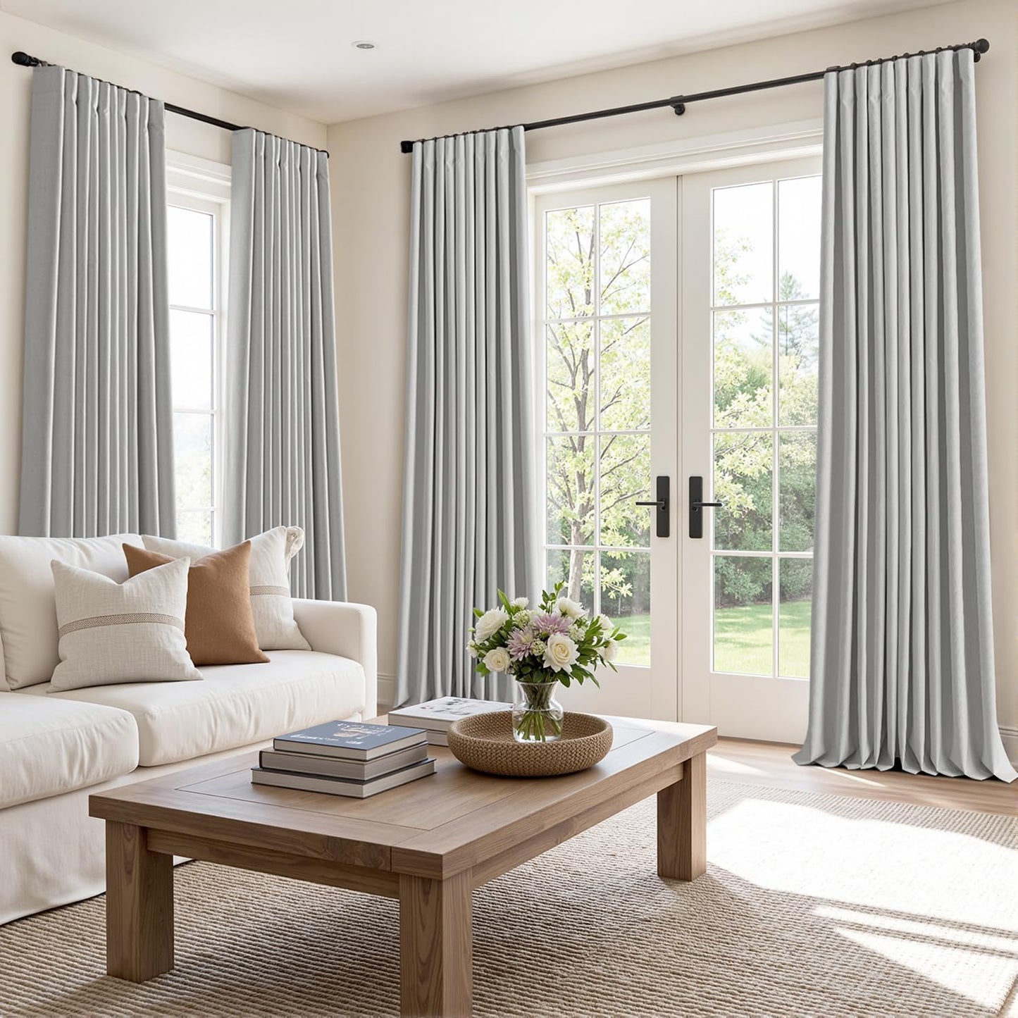 MIULEE 100% Blackout Curtains 90 Inch Long 2 Panels Set for Bedroom, Thick Luxury Faux Linen Black Out Curtain Room Darkening Back Tab Pleat Window Textured Drapes with Hooks for Living Room, Grey