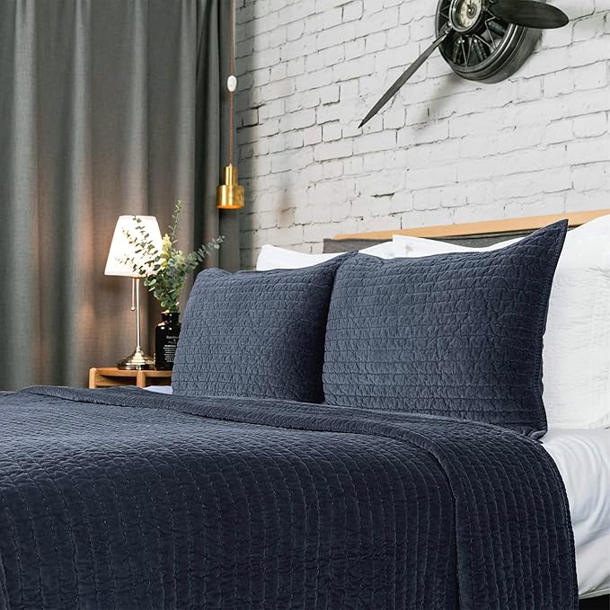 ELEGANT LIFE HOME Reversible Royal Cotton Velvet Pic-Stitch Bedding Quilt - King Size - 108'' x 92'' Dusty Blue