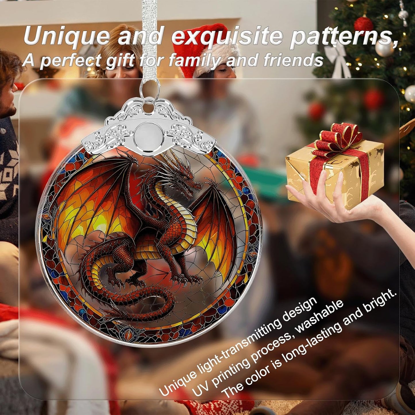 Dragon Stained Glass Christmas Ornament - Hanging Ornaments for Christmas Tree Decorations -Holiday Keepsake Present Exchange Idea