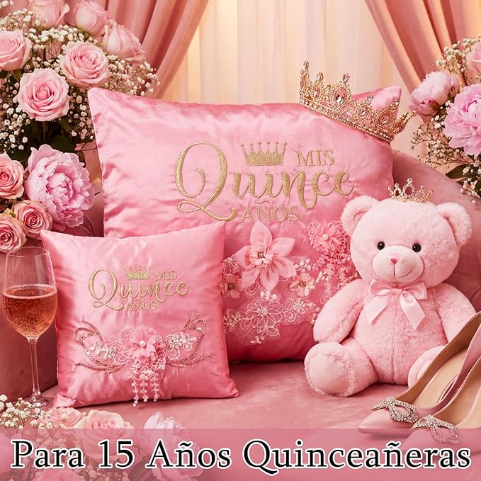 Mixweer 2 Sets/ 4 Pcs Cojines Pink Quinceañera Pillow Set 2 Pcs Quinceañera Embroidered Pillow Decorative with 2 Covers Cojines para 15 Años De Quinceañera Wedding Decorations Mis Gifts