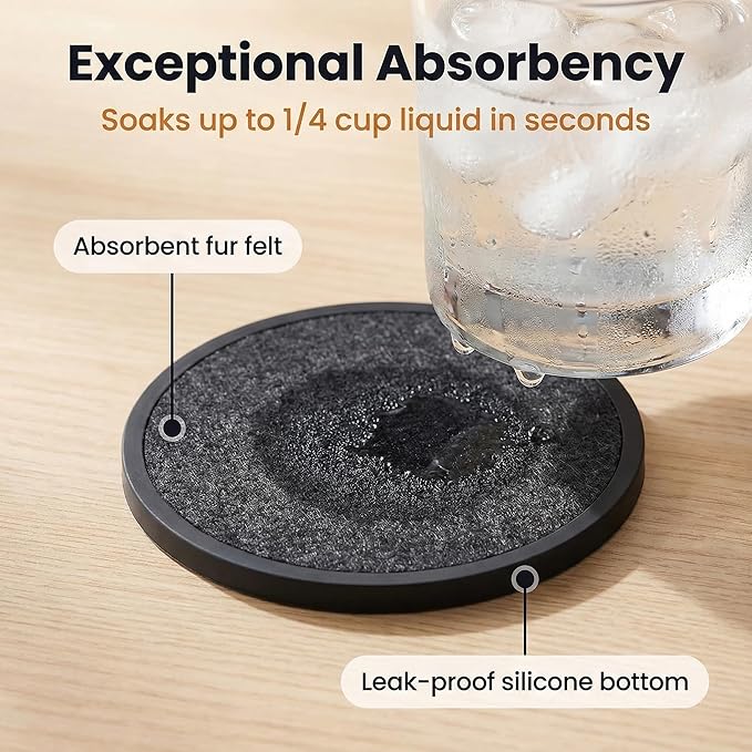 Absorbent Coasters for Drinks with Holder - 6packs, Silicone Coaster with Soft Felt Insert (4.3 inch Coasters with 4.5 inch Holder, Black and White)