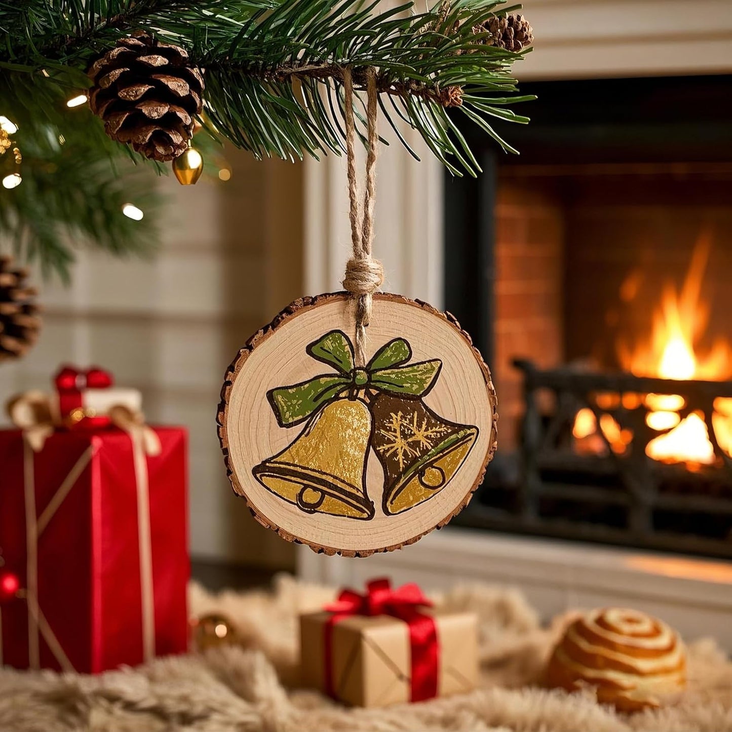 20PCS Pre-Drilled Wood Slices with Holes, 3.2-4 Inch Natural Pine Discs & 8M Hemp Rope, Sanded Smooth DIY Crafts Kit for Christmas Ornaments, Rustic Wedding Decor, Kids Art (30pcs)