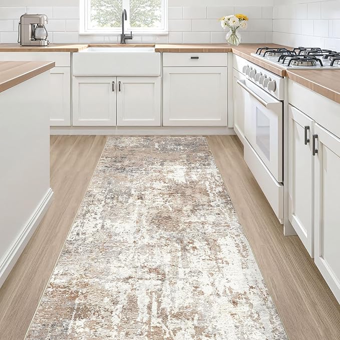 Runner Rug Kitchen Washable Rugs: 2x8 Non-Slip Abstract Soft Modern Stain Resistant Indoor Floor Neutral Accent Throw Carpet for Hallway Bathroom Laundry Room Entryway Bedroom- Brown