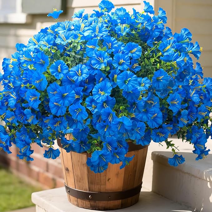 Grunyia UV Resistant Artificial Morning Glory Flowers - 16 Bundles Blue Faux Plastic Fake Plants with Eucalyptus for Outdoor Indoor Porch Patio Planter Window Box Garden Home Decor