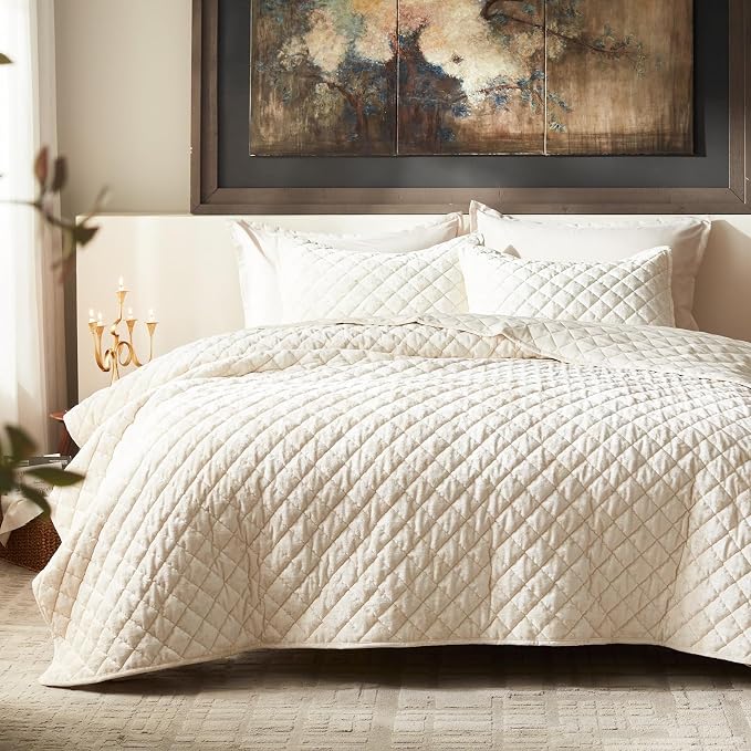 Cosybay Luxury Velvet Quilt Set Queen, Lightweight Oversized Bedspread Coverlet Quilted Box Stitch Bedding Set, with 2 Matching Pillow Shams, for All Season, Cream White