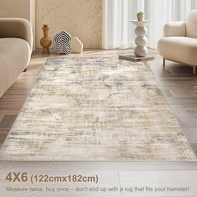 UERMEI 4x6 Washable Area Rug for Living Room: Modern Neutral Abstract Soft Low Pile Carpet Non-Slip Pet Kids Friendly Indoor Decor for Bedroom Dining Room Home Office Nursery Golden Brown