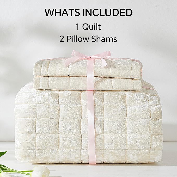 BEDELITE Velvet Quilt Set Queen Size - Luxury Soft Velvet Comforter Bedding Set for All Season, Lightweight Quilted Box Stitch Oversized Bedspread Coverlet with 2 Matching Shams, Shiny Cream White