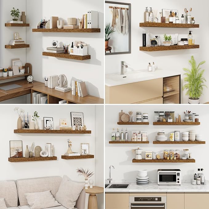 fuqing Floating Shelves for Wall, Wall Mounted Wood Floating Shelf with Invisible Brackets for Living Room, Bathroom, Bedroom, Kitchen Storage and Decor, 20 Inch Set of 2, Rustic Brown
