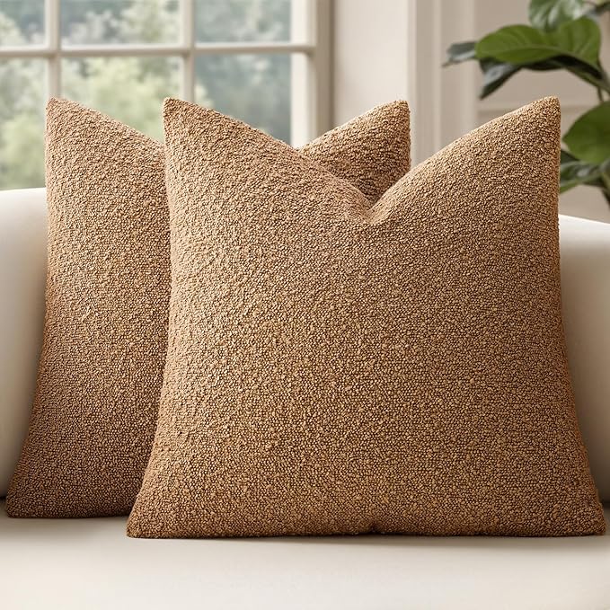 MIULEE 18x18 Inch Decorative Pillow Covers for Couch Bed Set of 2 Textured Boucle Neutral Throw Pillow Covers Brown Tobacco Accent Solid Vintage Pillowcases Sofa Living Room Home Decor