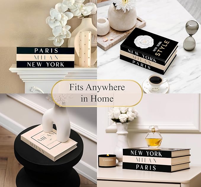 Decorative Books for Home Decor, Small Fake Books for Decoration with Blank Pages – Fashion Designer Coffee Table Book Decor Set of 3, Modern Book Stack Shelf Decor – Hardcover, Black/Cream