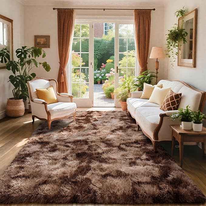 AROGAN Shag Brown Area Rug for Bedroom, 4x6 Feet Washable Non-Slip Modern Indoor Floor Carpet, Plush Memory Foam Beside Rug for Kids Girls Teens Room Low Pile Decor, Coffee