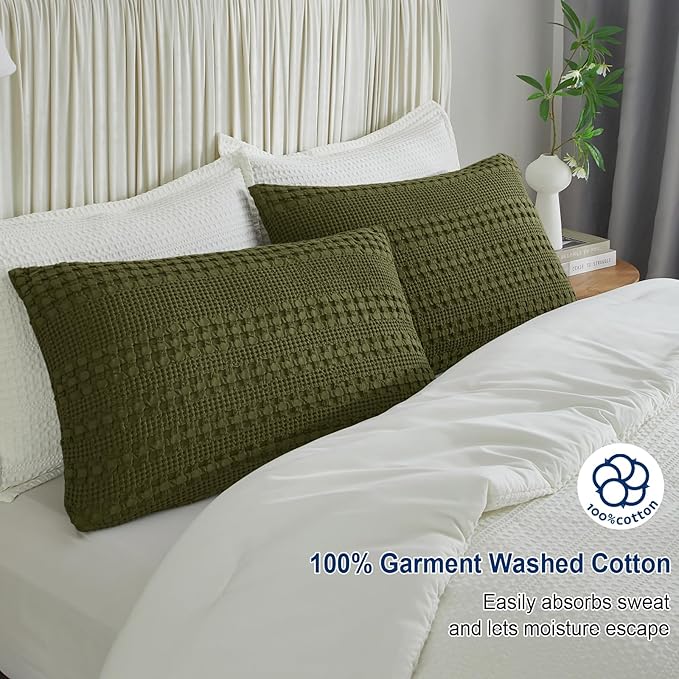 PHF 100% Cotton Waffle Pillow Shams Standard Size, 2 Pack 20" x 26" Soft Skin-Friendly Pillowcases, No Filling, Aesthetic Woven and Breathable Waffle Weave Pillow Case Covers for Bed, Capulet Olive