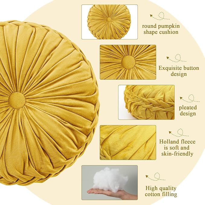 Drydiet 1 Pcs Round Throw Velvet Pillows Decorative Pleated Throw Pillows Diameter Accent Pumpkin Boho Chair Cushion for Couch Sofa Home Decoration (Golden Mustard,15'')