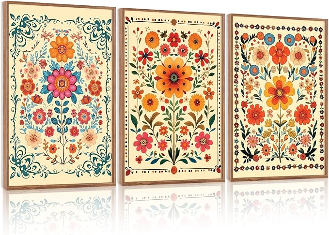 HOURIA 3Pcs Framed Mexican Floral Canvas Wall Art (16"x24"), Abstract Orange Botanical Latin Folk Wall Decor, Vintage Mid Century Modern Tropical Flower Art Print for Office Farmhouse Bedroom