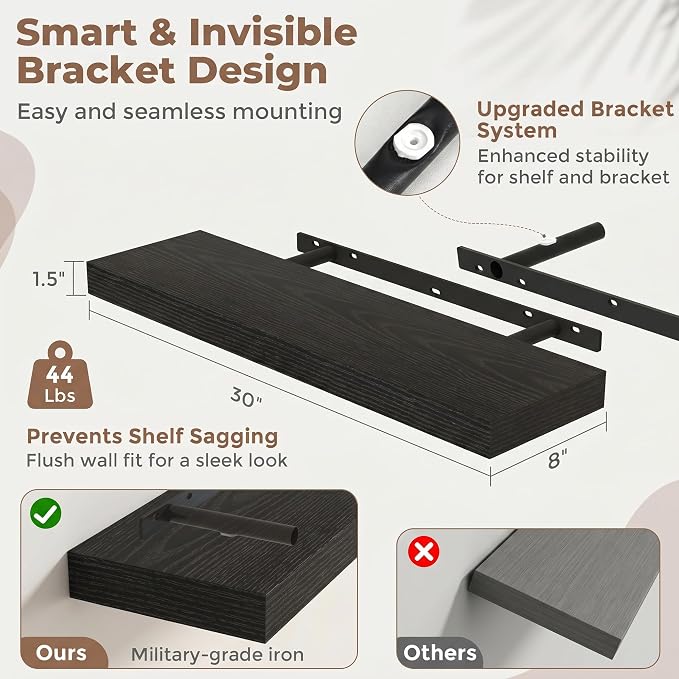 30 Inch Floating Shelves for Wall, 8"D Wood Storage Shelves, Black Finish | Engineered Wood, Invisible Bracket, Large Storage, Easy Install, Hold Up to 44lbs, Living Room, Bathroom, Bedroom, Kitchen