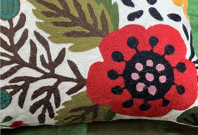 Lumbar Cushion Cover Hand Embroidered Wool 13x21 (Red Floral Lumbar Pillow Cover)
