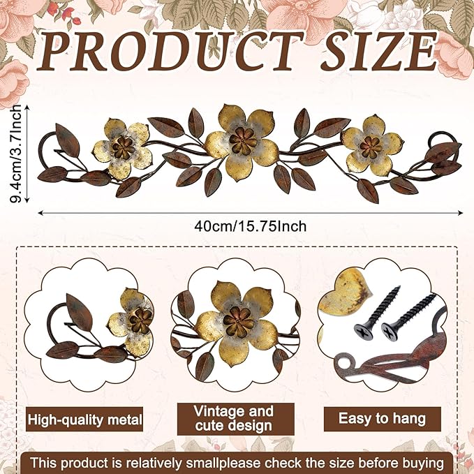 Wesiti Metal Flower Wall Decor Vintage Spring Metal Flower Wrought Iron Scroll Sculpture 15.7''x3.7'' Farmhouse Leaf Wall Decor with Nails for Spring Living Room Bedroom Indoor Outdoor(Gold)