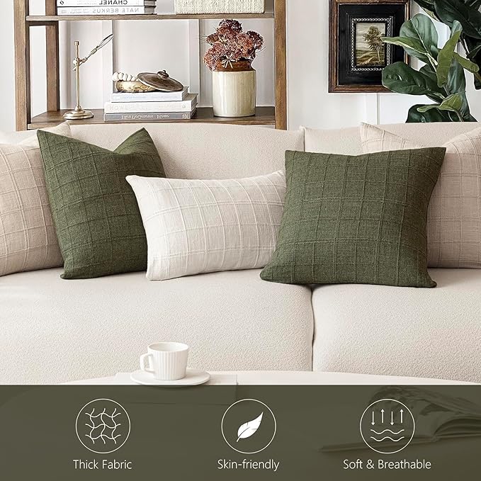 Foindtower Set of 2 Decorative Linen Check Throw Pillow Covers Neutral Farmhouse Vintage Cushion Covers Modern Boho Home Decor for Sofa Chair Couch Bedroom Living Room,24×24 Inch,Olive Green