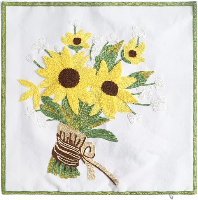 Embroidery Throw Pillow Covers Yellow Floral 18x18 Inch Decorative Cushion Case Tied Sunflowers 100% Cotton Home Decor Embroidered 45x45cm Tied Sunflowers Design, 1 Piece
