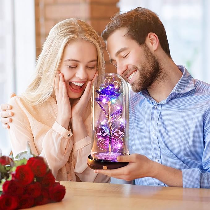 Mothers Day Rose Gifts for Mom Birthday Gift for Women, Rechargeable Galaxy Glass Rose in Glass Dome Crystal Roses Butterfly Mother's Day Flowers Gifts for Women Mom Wife Grandma Daughter, Purple