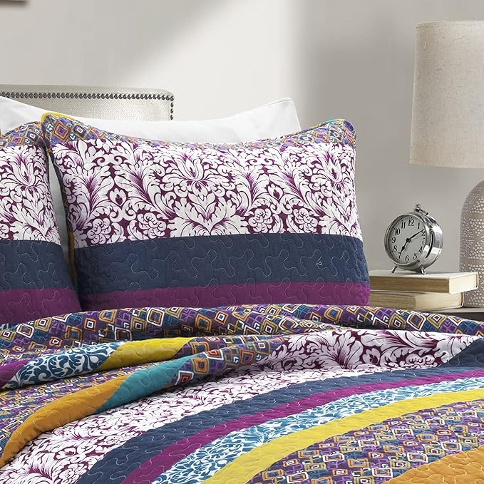 Lush Decor Boho Stripe Reversible Cotton Quilt 3-Piece Set, Full/ Queen, Plum & Yellow - Bold Colorful Bohemian Bedding Set