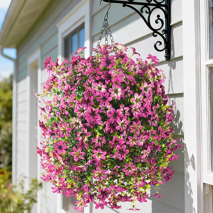 Artificial Hanging Baskets Outdoor, 4 Bundles Artificial Hanging Flowers Outdoors Spring Summer Decoration, No Fade Realistic Fake Hanging Baskets for Porch Patio Balcony Home Yard Decor