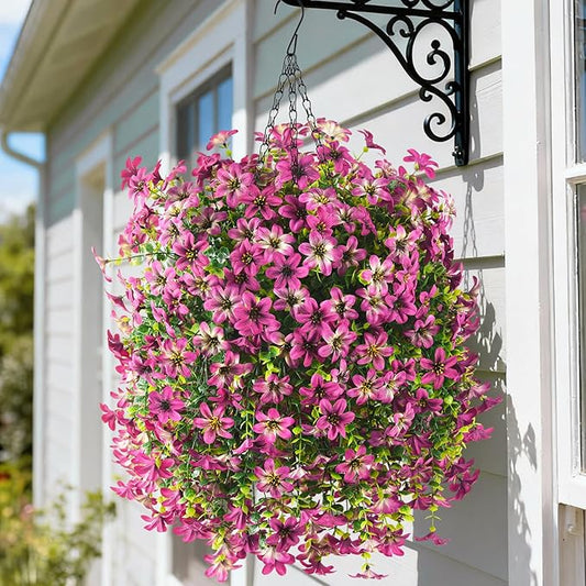 Artificial Hanging Baskets Outdoor, 4 Bundles Artificial Hanging Flowers Outdoors Spring Summer Decoration, No Fade Realistic Fake Hanging Baskets for Porch Patio Balcony Home Yard Decor