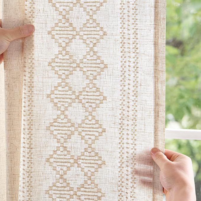 jinchan Boho Curtains Linen Blend Ivory Farmhouse Curtains 63 Inches Long for Living Room Square Embroidered Bordered Back Tab Living Room Window Light Filtering Bohemian Drapes 2 Panels