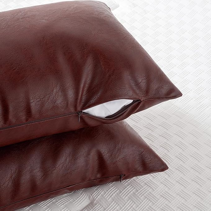 Fancy Homi Burgundy Boho Long Lumbar Faux Leather Body Decorative Throw Pillow Cover 14x36 Inch for Bed Couch Sofa Bench, Thick Stylish Solid Wine Red Pillowcase, Rustic Modern Farmhouse Room Decor