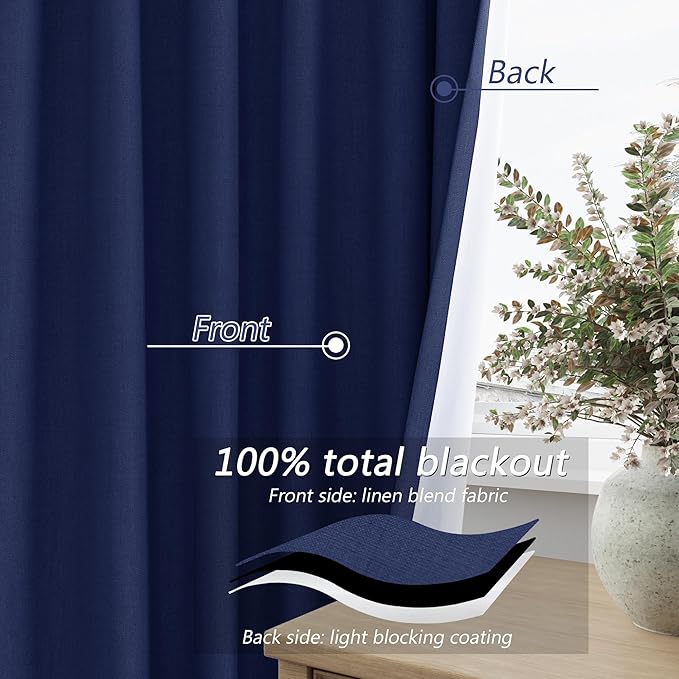 Guken 100% Blackout Curtains 63 Inch Length 2 Panels Set for Living Room Bedroom Back Tab Thermal Insulated Black Out Linen Drapes Room Darkening Window Curtains 63 Inches Long,Classic Blue