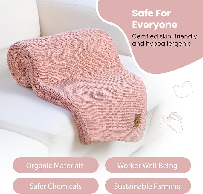 Dalisa 100% Organic Turkish Cotton Throw Blanket – GOTS Certified, Cozy, with Reusable Cotton Gift Bag – Perfect for Couch, Bed, and Home Decor – Boho Vintage Knit Alina (Pink, 80x90)